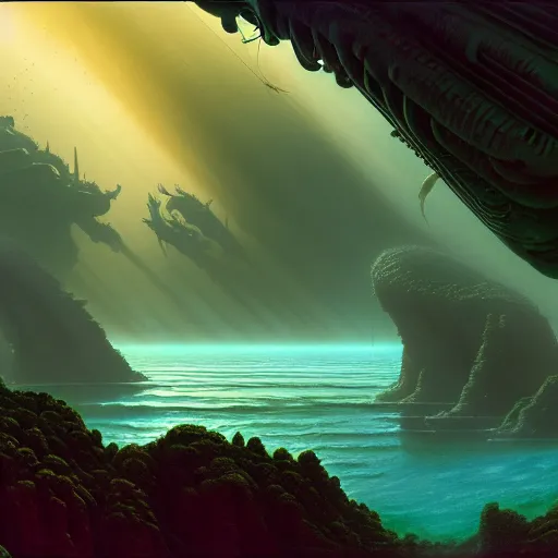 Image similar to a matte painting of alien underwater landscape of lush flora, remnants of old spaceship, alien creatures emerging, morning, by Giger and Ralph McQuarrie and Bruce Pennington, cinematic lighting, ambient light, hyperrealism, nvidia, octane render, 8k, iridescent accents, vray, deviantart