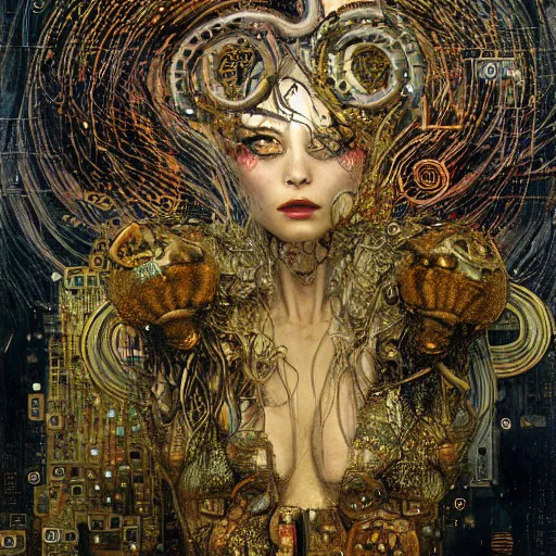 Image similar to horned cybernetic demon lovers trapped in circuitry, intricate detail, klimt, royo, whealan,