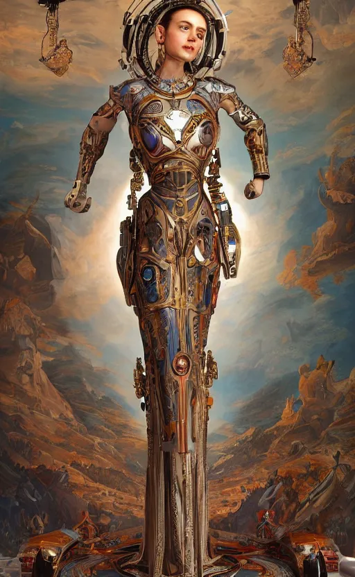 Image similar to mural of a young cyborg woman, beautiful royal gown, sci fi weapon, royal ornaments, reaching towards the heavens, sci fi world, holy imagery, highly detailed, beautiful colors, renaissance mural, mural in the style of sandro boticceli, sandro boticceli