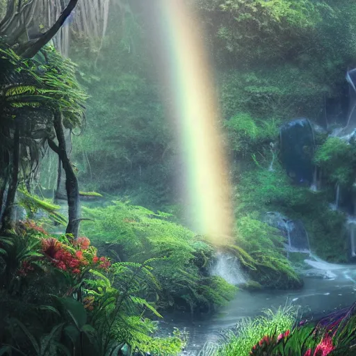 Image similar to an hidden waterfall, beautiful, atmosphere, vibe, mist, rainbow, wet, puddles, fern, flowers, concept art illustration, color page, tone mapping, akihiko yoshida, james jean, andrei riabovitchev, marc simonetti, digital illustration, greg rutowski, volumetric lighting, sunbeams, particles