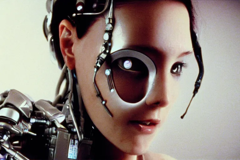 Image similar to cinematography closeup portrait of a cyborg girl in a cyberpunk apartment by Ridley Scott