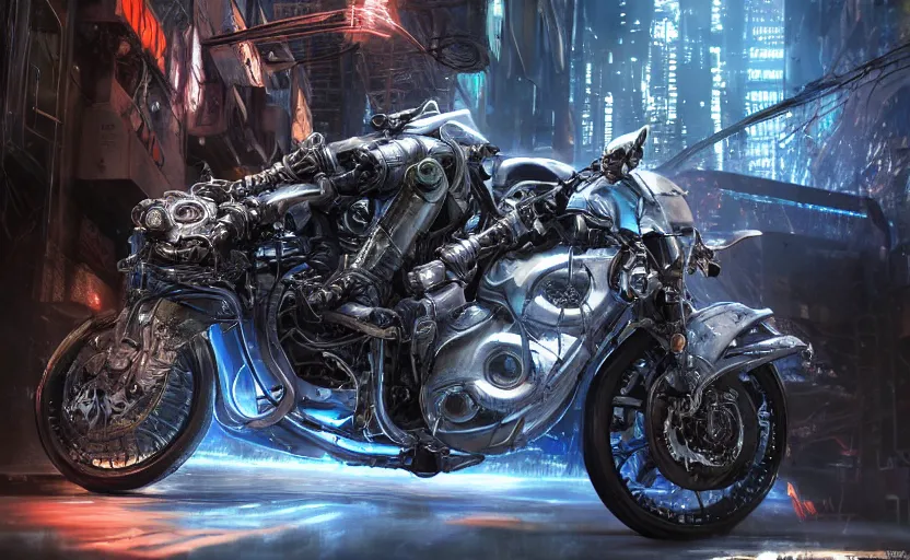 Image similar to Cyberpunk yamaha motorcycle, hyperrealistic mixed media, stunning 3d render inspired art by P. Craig Russell and Barry Windsor-Smith + perfect facial symmetry + dim volumetric lighting, 8k octane beautifully detailed render, post-processing, extremely hyperdetailed, intricate futuristic mechanic parts, epic composition, grim yet sparkling atmosphere, cinematic lighting + masterpiece, trending on artstation