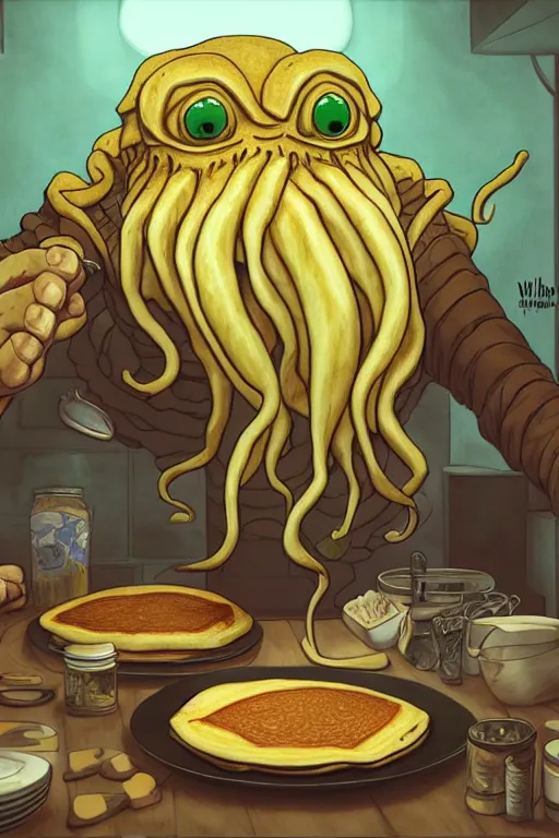 Image similar to cthulhu making pancakes, animation pixar style, by pendleton ward, magali villeneuve, artgerm, rob rey and kentaro miura style, golden ratio, trending on art station