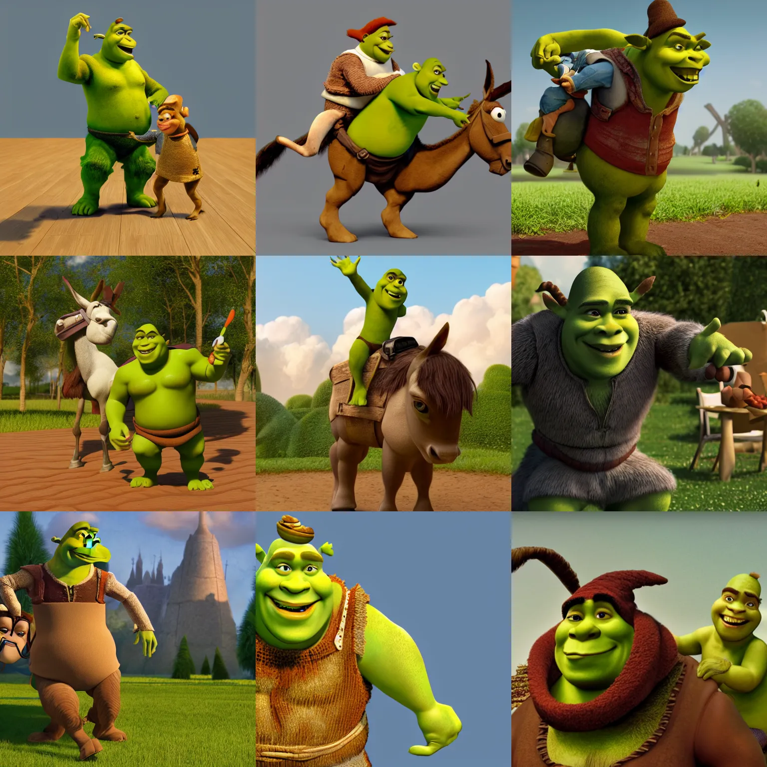 Prompt: Shrek riding on Donkey, eating waffles, digital render, pixar, blender