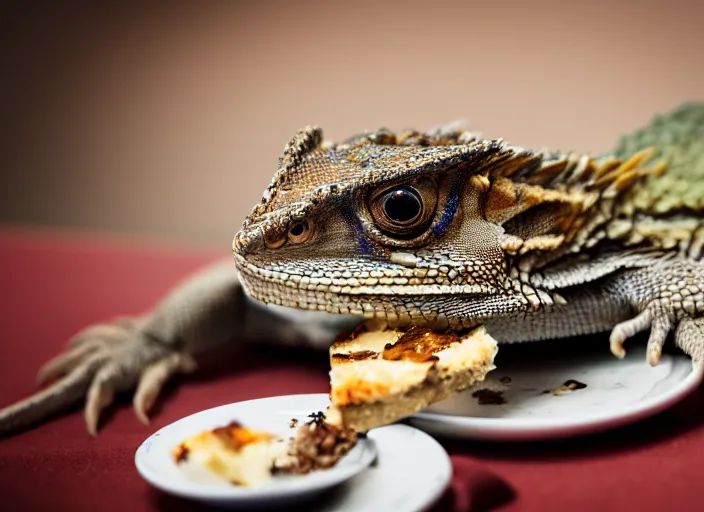 Image similar to dslr portrait still of a bearded dragon eating a slice of cheesecake, 8 k 8 5 mm f 1. 4