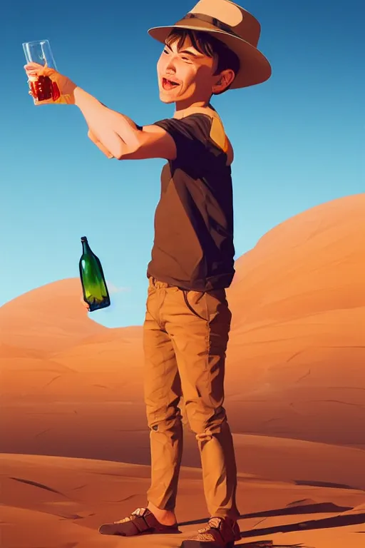 Prompt: funny drinker with bottle in his hand in the desert, smooth face, centered median photoshop filter cutout vector behance hd by artgerm, jesper ejsing, by rhads, makoto shinkai and lois van baarle, ilya kuvshinov, rossdraws, illustration, art by ilya kuvshinov and gustav klimt