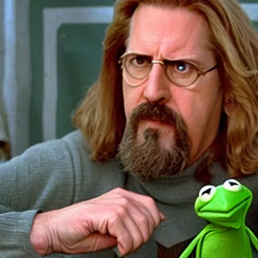 Image similar to the big lebowski played by kermit the frog