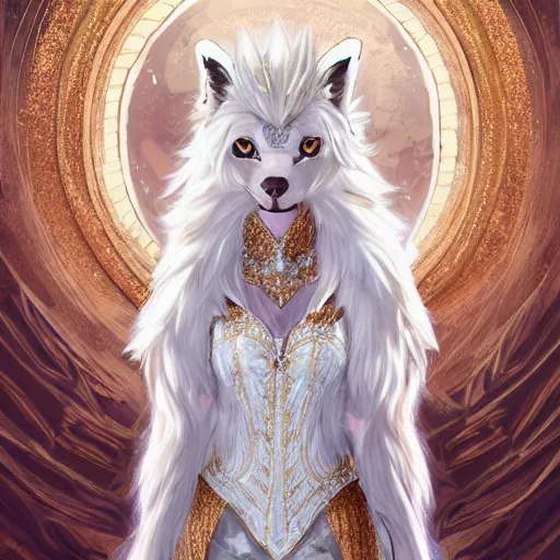 Image similar to commissioned full body portrait of a female anthro furry wolf headed princess fursona with white hair wearing a white and gold armored dress in a white and gold palace, by Wlop and jerry park, artstation, extremely detailed