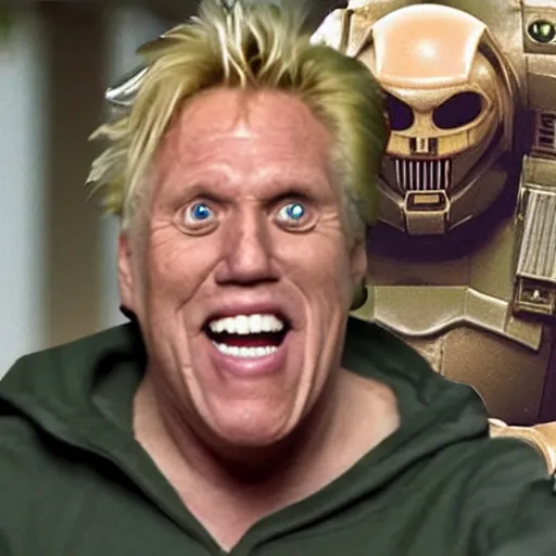 Image similar to gary busey as doomguy, cctv footage