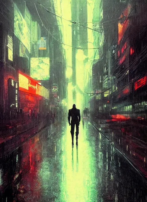 Image similar to cyberpunk batman, rule of thirds, russia, moscow, rain, lights, close - up, high quality, ultrarealistic, sculls, neon glow, 3 d, 8 k, ultra high detailed, by giger, trending on artstation, spotlight, by greg rutkowski, by da vinci, by van gogh, by jeremy mann, digital painting