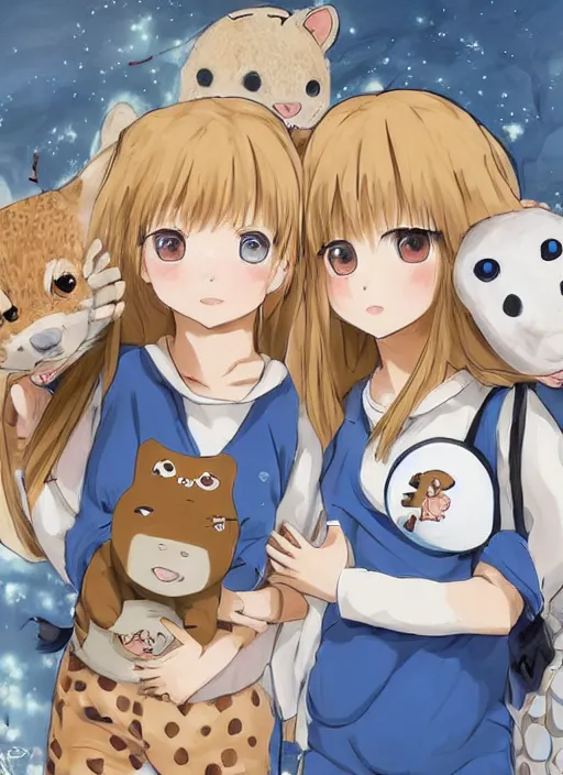 Image similar to highly detailed portrait of one blonde haired blue eyed and one brown haired brown eyed anime girl in animal themed onesies pressed against each other looking at us, happy, excited, digital art, cute, anime, detailed faces, well drawn faces, cute faces, hand drawn, 8 k, trending on artstation, detailed eyes, official media, by hayao miyazaki