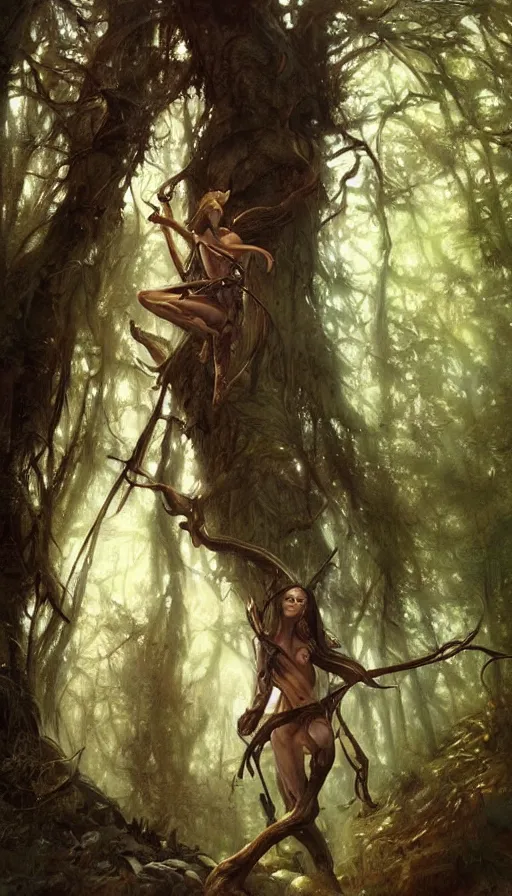 Prompt: Realistic painting of a high fantasy wood elf wizard in a magical forest clearing by Greg Rutkowski, Boris Vallejo, Artgerm, Donato Giancola, Jean Baptiste Monge, dramatic lighting