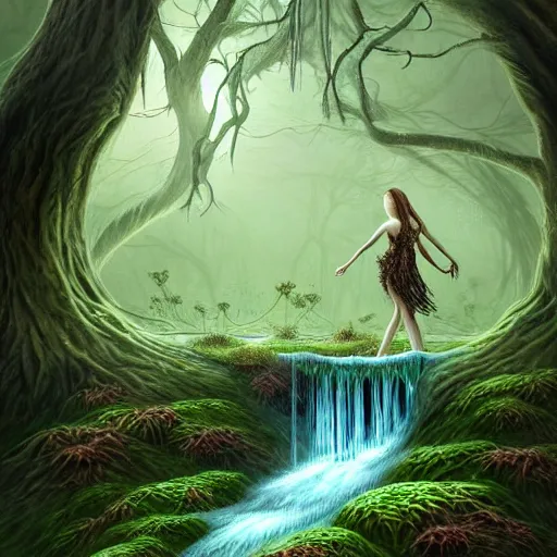 Image similar to beautiful digital fantasy illustration of A woody green field with a stream running through it, with a group of dryad women standing in the water. They seem to be preparing to submerge themselves in the cool, clear waters of the stream. a creepy creature standing in front of a mirror!, concept art by Alex Horley-Orlandelli!!, cgsociety, fantasy art, highly detailed, soft lighting, rendered in octane, masterpiece, very very very aesthetic