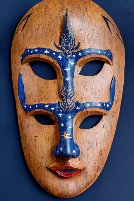 Image similar to a flat carved wooden elf mask face with staring real goat eyes and intricate ornate detail, floating against a dark blue background with stars shapes, vividly coloured, highly detailed, vintage european folk art, colour photograph