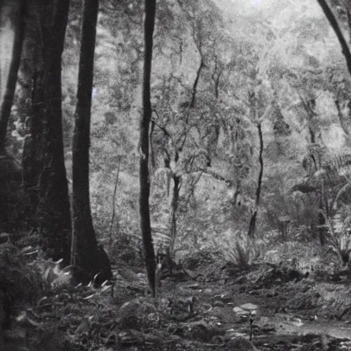 Image similar to lost film footage of a sacred in the middle of the ( ( ( ( ( ( ( ( ( tropical jungle ) ) ) ) ) ) ) ) ) / film still / cinematic / enhanced / 1 9 0 0 s / black and white / grain