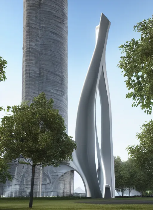 Prompt: highly detailed realistic architecture 3 d render of a futuristic tall stele monument in zaha hadid style standing in city park, archdaily, made in unreal engine 4 octane render