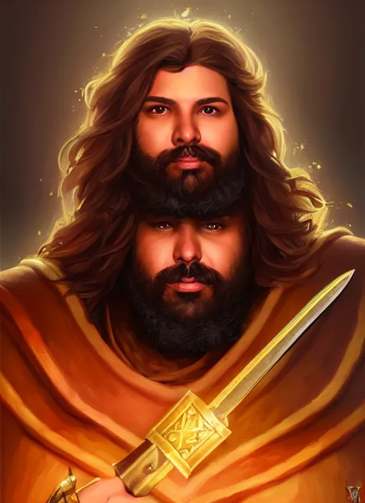 Image similar to a _ fantasy _ style _ portrait _ painting _ of esfandtv light brown male holy paladin with long wavy brown hair chubby and beard, hammer weapon, rpg dnd oil _ painting _ unreal _ 5 _ daz. _ rpg _ portrait _ extremely _ detailed _ artgerm _ greg _ rutkowski _ greg