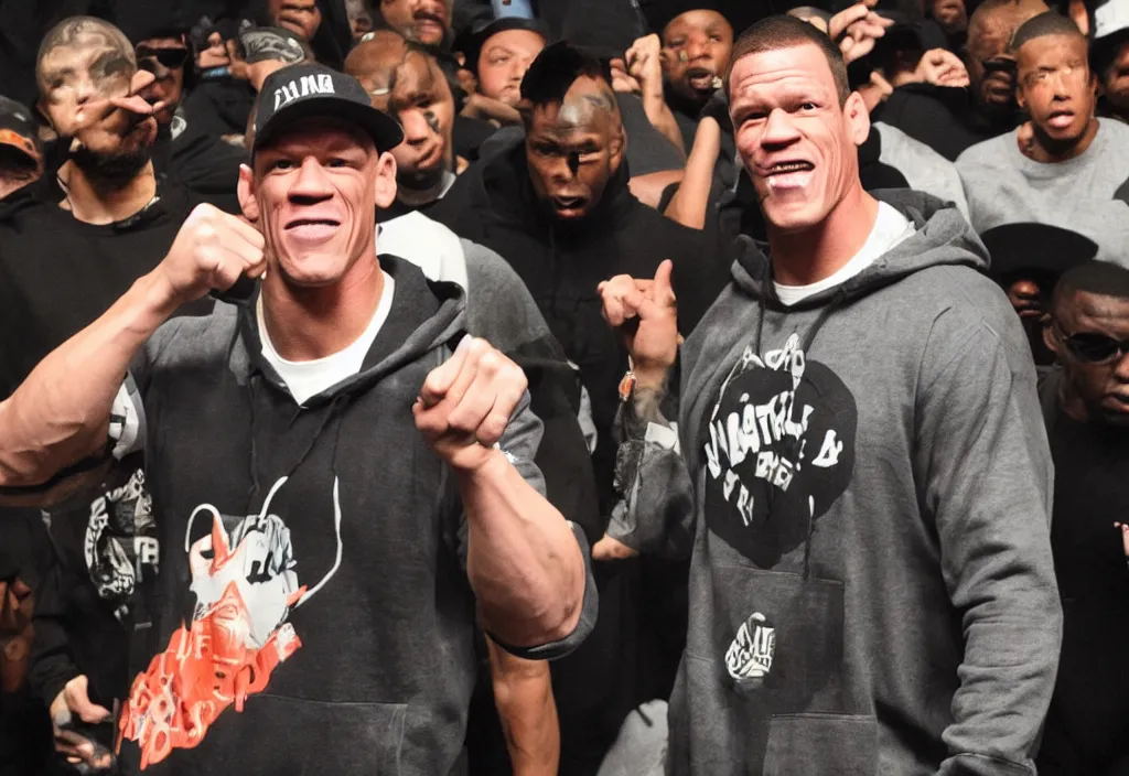 Image similar to john cena in a hoodie during a rap battle held in a warehouse. Rap battle from the movie 8 mile.