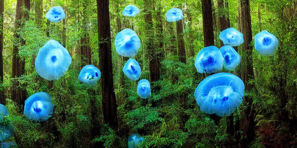 Prompt: nvironment redwood forest, several blue moon jellyfish, spots, by wiktor ohman