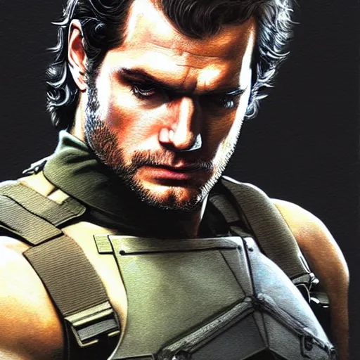 Image similar to portrait of henry cavill as solid snake, metal gear solid, upper body,, henry cavill!!!, fantasy, intricate, elegant, highly detailed, digital painting, artstation, concept art, smooth, sharp focus, illustration, art by artgerm and greg rutkowski and alphonse mucha