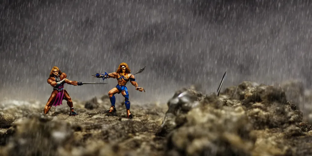 Prompt: skeletor and he - man in a sword fight, fog on the ground, heavy rain, lightning, moody lighting, shallow depth of field, photo realistic,