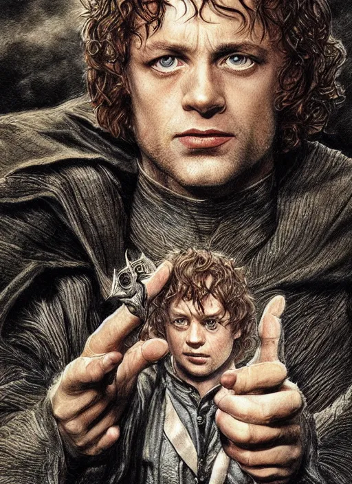 Prompt: portrait of pippin from lord of the rings, beautiful, very detailed, hyperrealistic, medium shot, very detailed painting by Glenn Fabry, by Joao Ruas