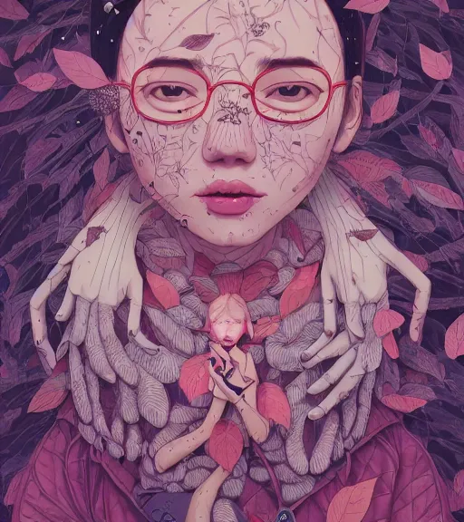 Prompt: portrait, nightmare anomalies, leaves with a girl by miyazaki, violet and pink and white palette, illustration, kenneth blom, mental alchemy, james jean, pablo amaringo, naudline pierre, contemporary art, hyper detailed
