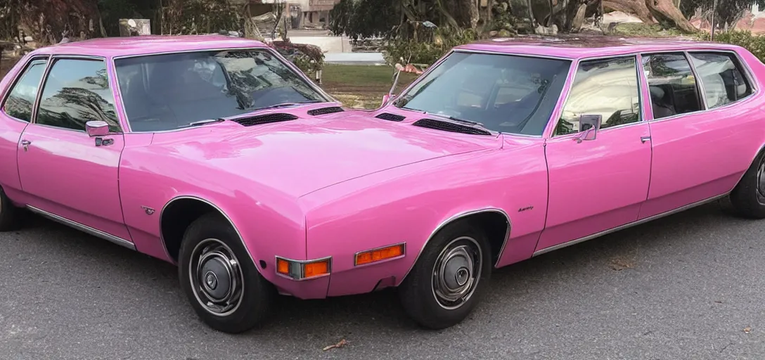 Prompt: A pink 1970s sedan