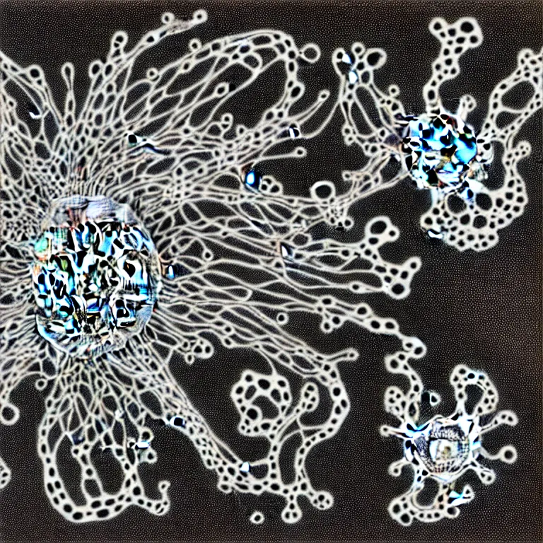 Image similar to a black and white drawing of a variety of sea life and filled with gundam mech equipment space station, a microscopic photo by ernst haeckel, zbrush central, kinetic pointillism, bioluminescence, biomechanical, intricate patterns, photoillustration