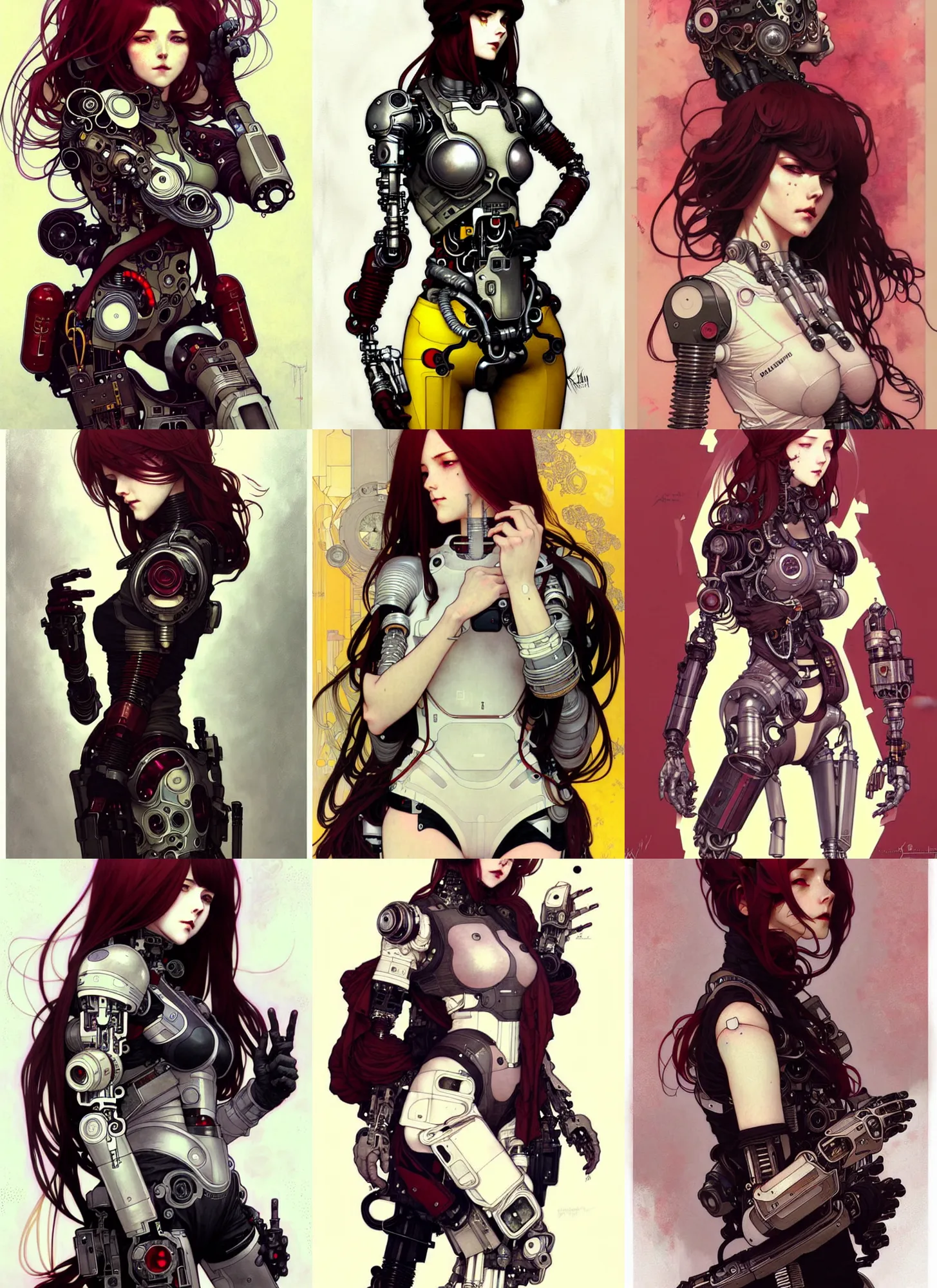 Prompt: highly detailed full body portrait of android cyborg young adult lady by krenz cushart, by artem demura, by alphonse mucha, by kaethe butcher, gradient maroon, black, silver and yellow color scheme, grunge aesthetic!!! (
