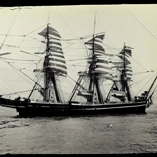 Image similar to an impossibly huge pirate ship. 1910s photograph