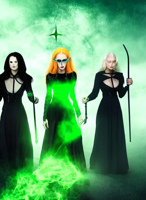 Prompt: futuristic coven of witches led by a beautiful woman with blonde hair who wields green magic