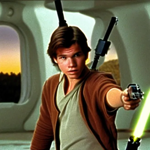 Image similar to A full color still from a film of a teenage Han Solo as a Jedi padawan holding a lightsaber hilt, from The Phantom Menace, directed by Steven Spielberg, 35mm 1990