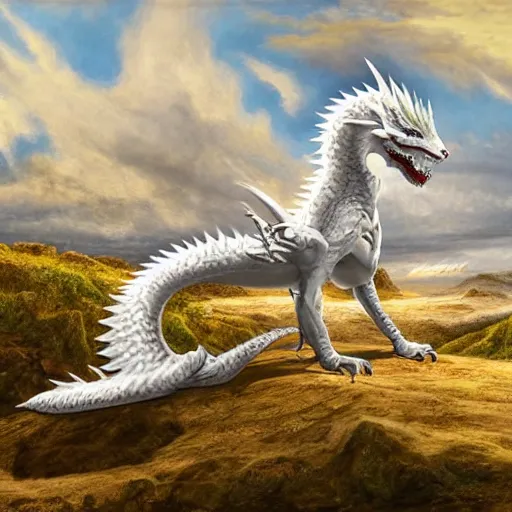 Image similar to a beautiful white dragon on the Altus Plateau, highly detailed painting, painting by Ciruelo, 4k