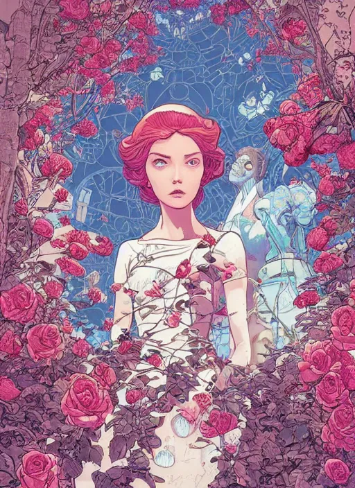 Image similar to a princess in the rose garden by josan gonzalez, katsuhiro otomo, andrew ferez, rule of thirds, beautiful