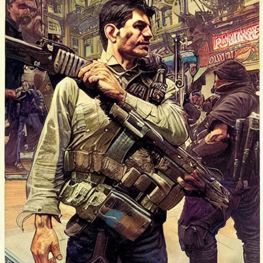 Image similar to The punisher fighting cops. Epic painting by James Gurney, Belén Ortega, and alphonso mucha. vivid realistic colors.