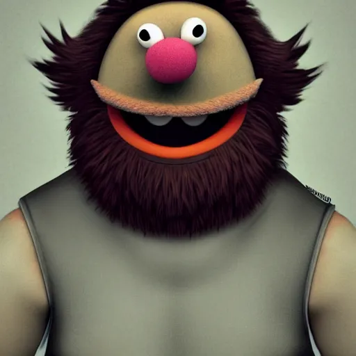 Prompt: a still of a forgotten muppet character looking very manly and modern, hilarious, laughing, hairy chest, huge chin, manly monster tough guy, roughled fur, photo real, photographic, photograph, artstation, trending, featured