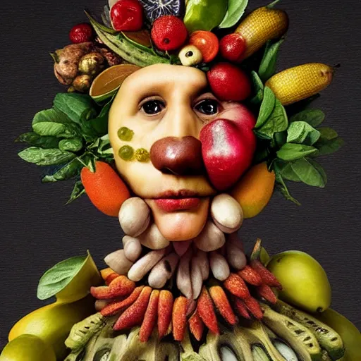 Image similar to giuseppe arcimboldo completely made of fruits, unreal engine, new scifi movie