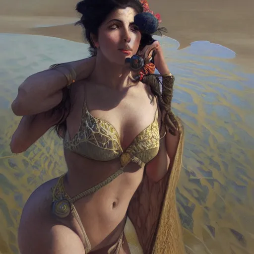 Image similar to character portrait of Mata Hari on a beach, relaxing mood, intricate, wild, highly detailed, digital painting, artstation, upper body, concept art, smooth, sharp focus, illustration, art by artgerm and greg rutkowski and alphonse mucha