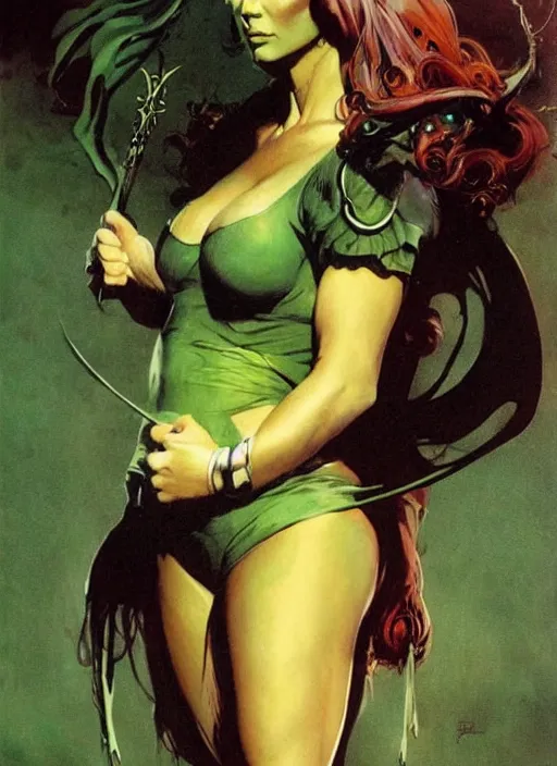 Image similar to mighty plump female sorceress, green tiara, lightning strike, strong line, muted color, beautiful! coherent! by frank frazetta, by brom