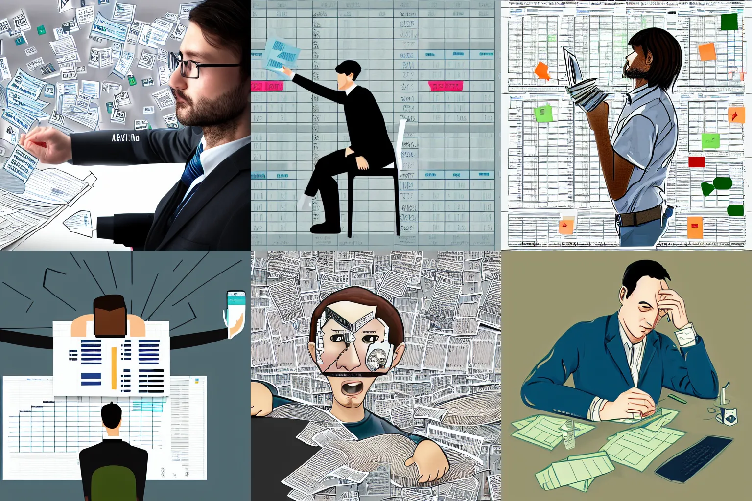 Prompt: digital art portrait of data scientist drowning in spreadsheets and paper, trending on art station