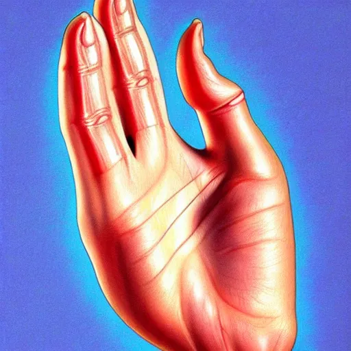 Prompt: medical reference, anatomical illustration of a hand : : anatomy study of hand : : hyperrealism, colored pencil illustration