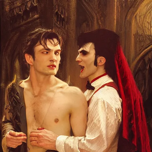 Image similar to attractive male, arthur pendragon confesses his love to attractive male dracula the vampire. highly detailed painting by gaston bussiere, craig mullins, j. c. leyendecker 8 k