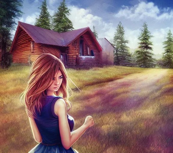 Prompt: a beautiful girl In front of the cabin, the country, by Artgerm Lau，hyperdetailed, trending on artstation, trending on deviantart