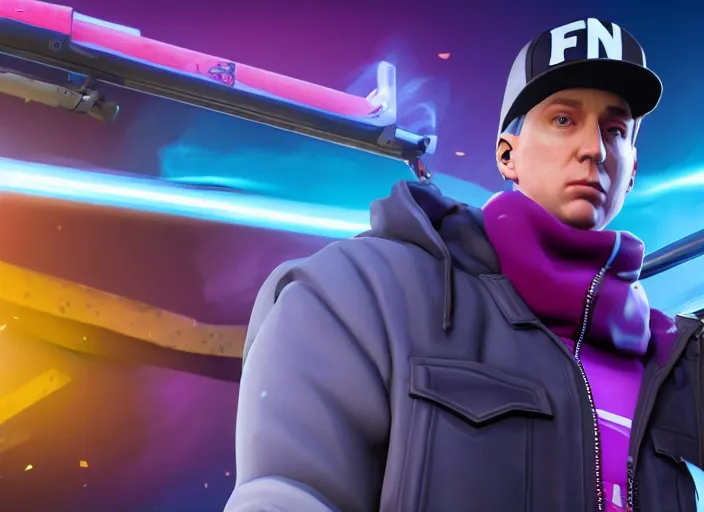 Image similar to eminem as fortnite character, gameplay screenshot