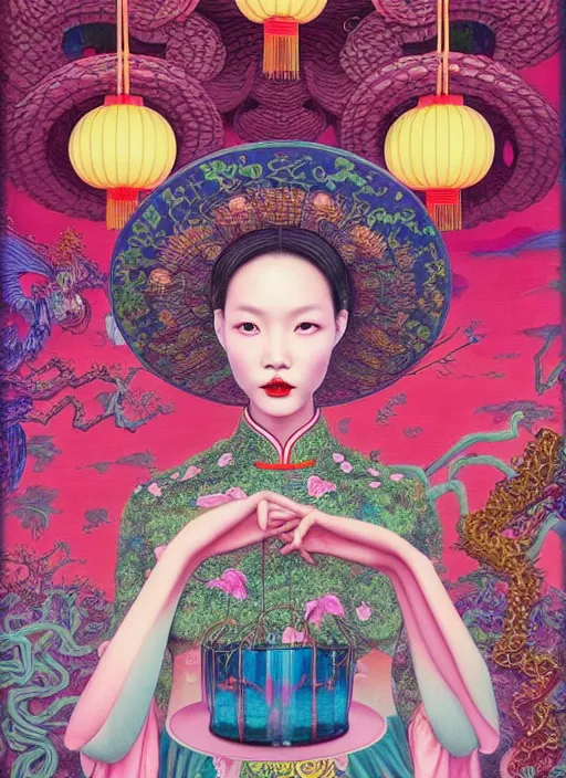 Image similar to pretty chinese model with hallucination mushroom : : by martine johanna and simon stalenhag and chie yoshii and casey weldon and wlop : : ornate, dynamic, particulate, rich colors, intricate, elegant, highly detailed, vogue, harper's bazaar art, fashion magazine, smooth, sharp focus,