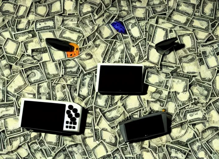 Image similar to surrealist art of nintendo 6 4 console in front of stacks of money