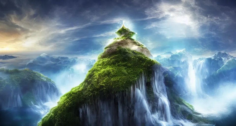 Prompt: A magnificent floating island in the sky above the sea, defying gravity, waterfall falling down, epic lighting, epic composition, cinematic, highly detailed, 4k