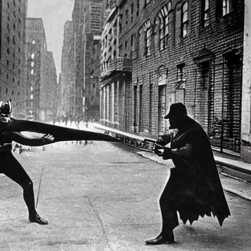 Prompt: old black and white photo, 1 9 2 5, depicting batman fighting a al capone in an ally of new york city, rule of thirds, historical record