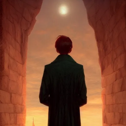 Prompt: a boy looking down in grief, Graceful body structure,cute,Symmetrical face,highly detailed,elegant,Marc Simonetti and Caspar David Friedrich, Trending on artstation,depicted as a Scene from a movie,cinematic lighting